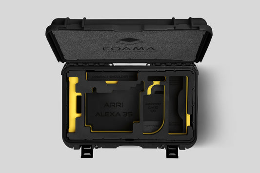 Top view of Black Color ARRI Alexa 35 Carry-On Case with Yellow Layer Custom Foam Insert