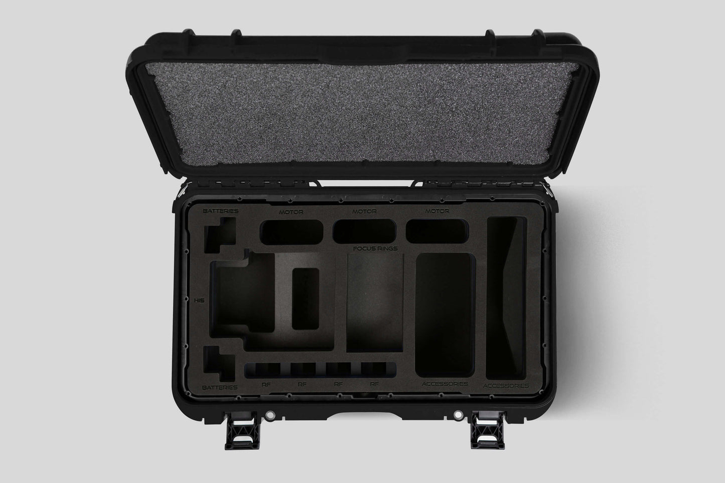 Top view of Black Color ARRI HI-5 Carry-On Case with Black Layer Custom Foam Insert