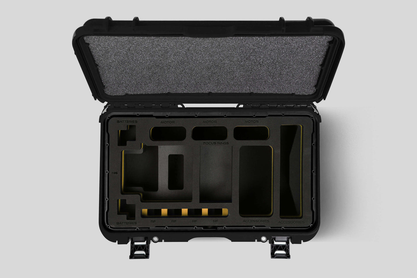 Top view of Black Color ARRI HI-5 Carry-On Case with Yellow Layer Custom Foam Insert