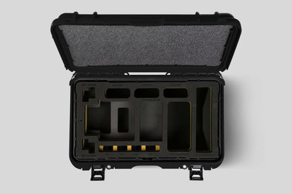 Top view of Black Color ARRI HI-5 Carry-On Case with Yellow Layer Custom Foam Insert