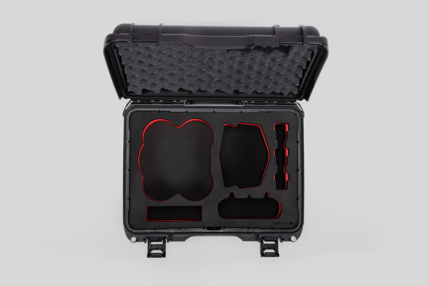 Top view of DJI Avata 2 Fly More Combo Black Color Waterproof Hard Case and Custom Foam Insert with a Red Layer