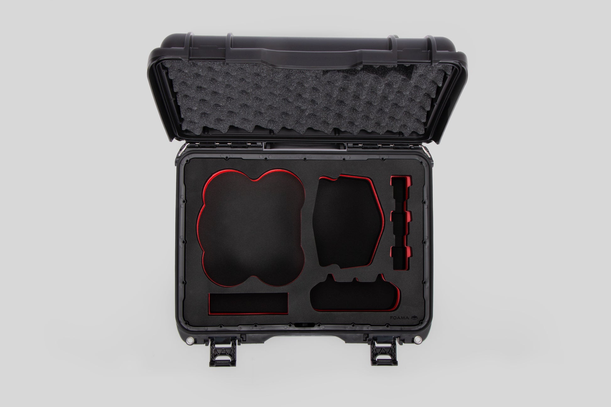 Top view of DJI Avata 2 Fly More Combo Black Color Waterproof Hard Case and Custom Foam Insert with a Red Layer