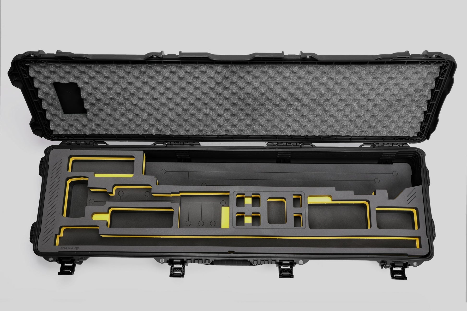 Top view of Foama Fortified Black Color Hard Case and Custom Foam Insert with Yellow Layer for DJI D-RTK 2 Mobile Station