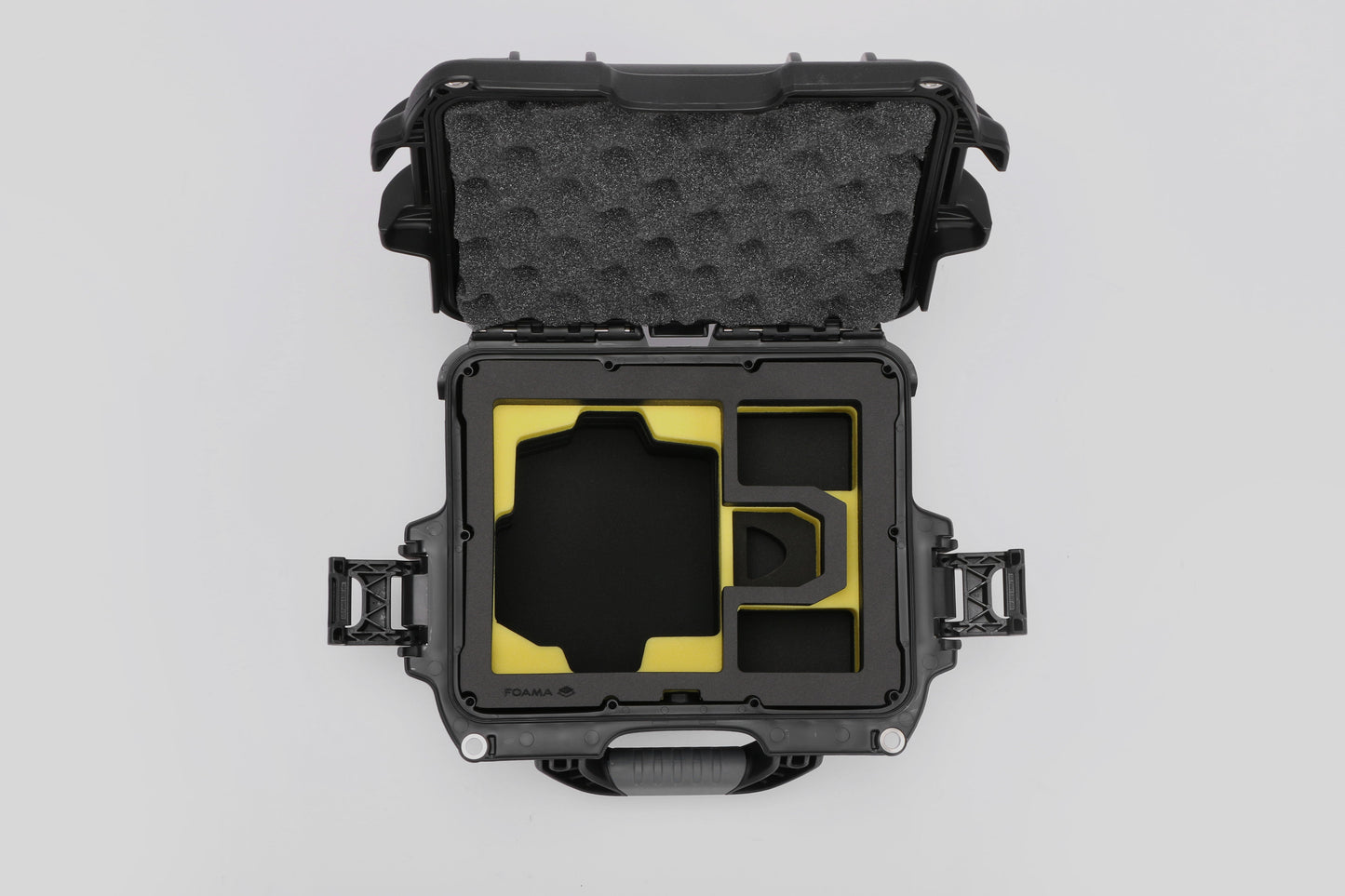 Top view of DJI Zenmuse H30T Black Color Storage and Carrying Case and Custom Foam Insert with a Yellow Layer