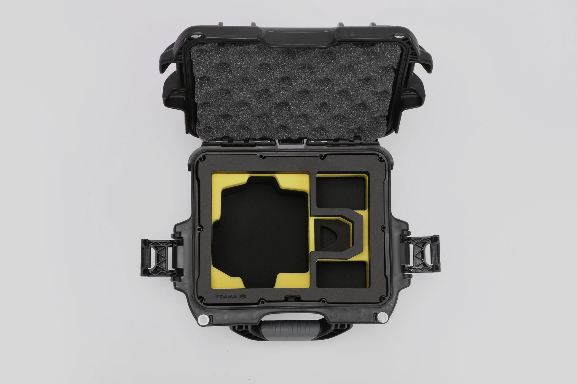 Top view of DJI Zenmuse H30T Black Color Storage and Carrying Case and Custom Foam Insert with a Yellow Layer