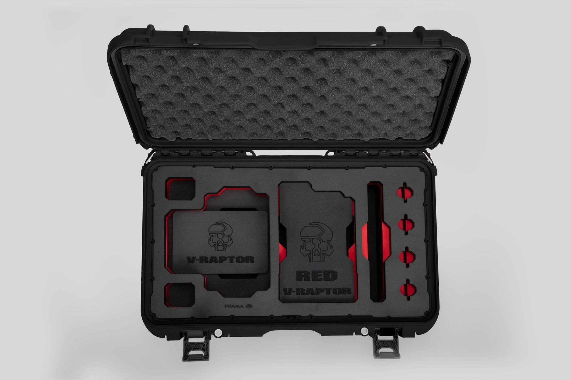 Top view of Black Color RED V Raptor Carry-On Case with Red Layer Custom Foam Insert