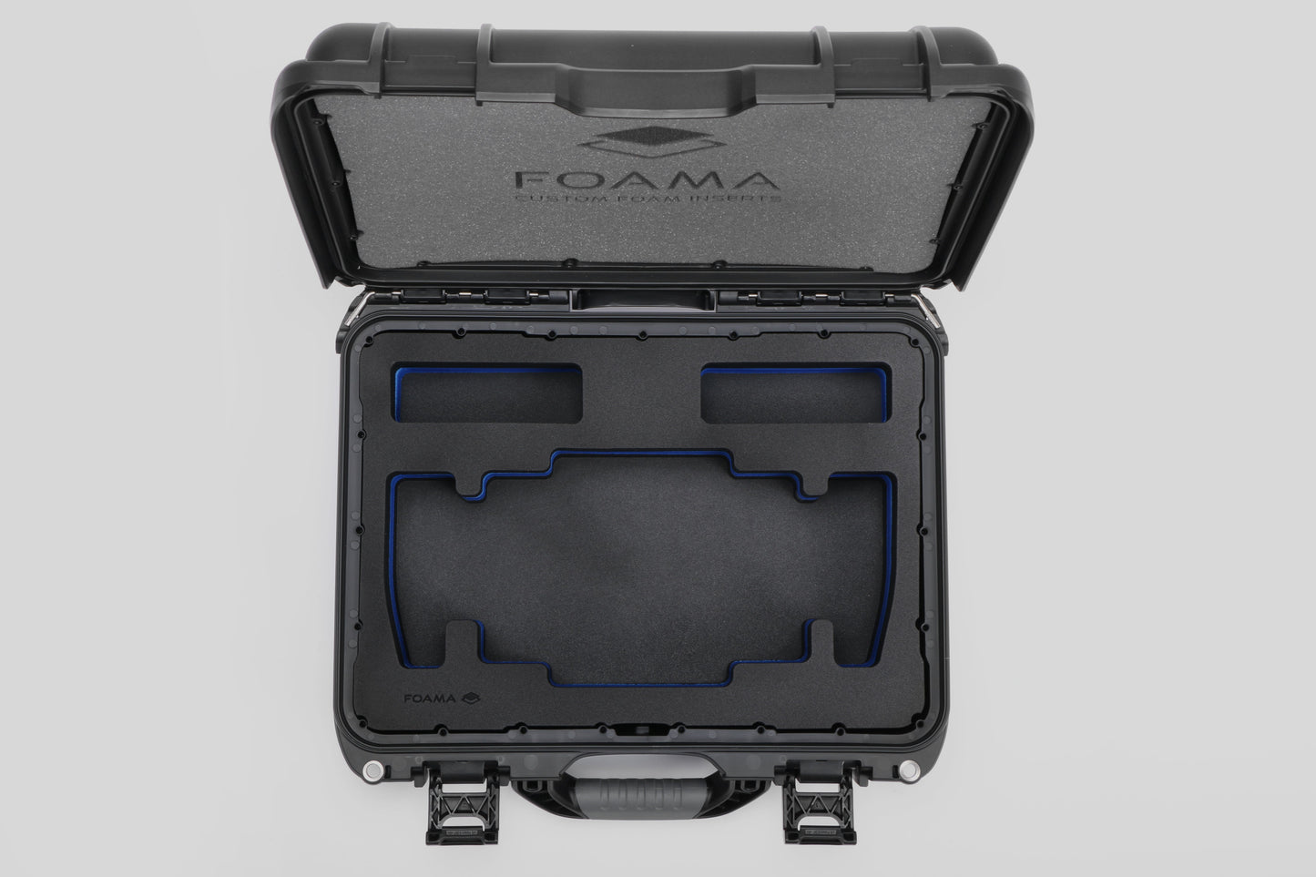 Top view of Foama Black Color Travel Case and Custom Foam Insert with Blue Layer for SmallHD 703 Bolt Pro
