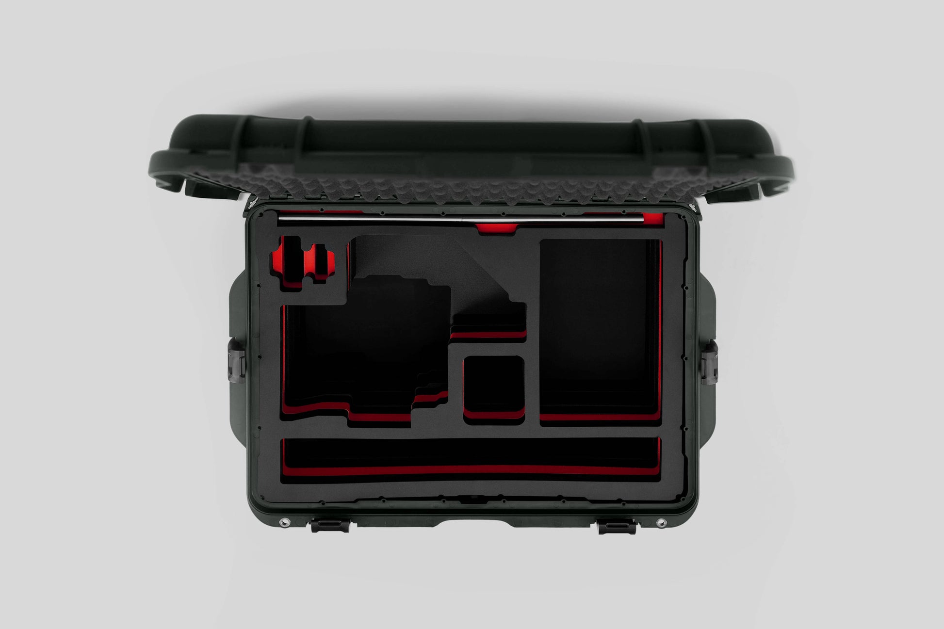Top view of Olive Color Sony Burano Heavy Duty Roller Case and Custom Foam Insert with Red Layer  for Burano Camera And Accessories