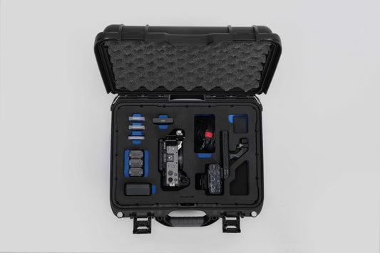 Top view of Foama Black Color Carry-on case and Blue Foam Insert for Sony FX-3 and Essential Accessories