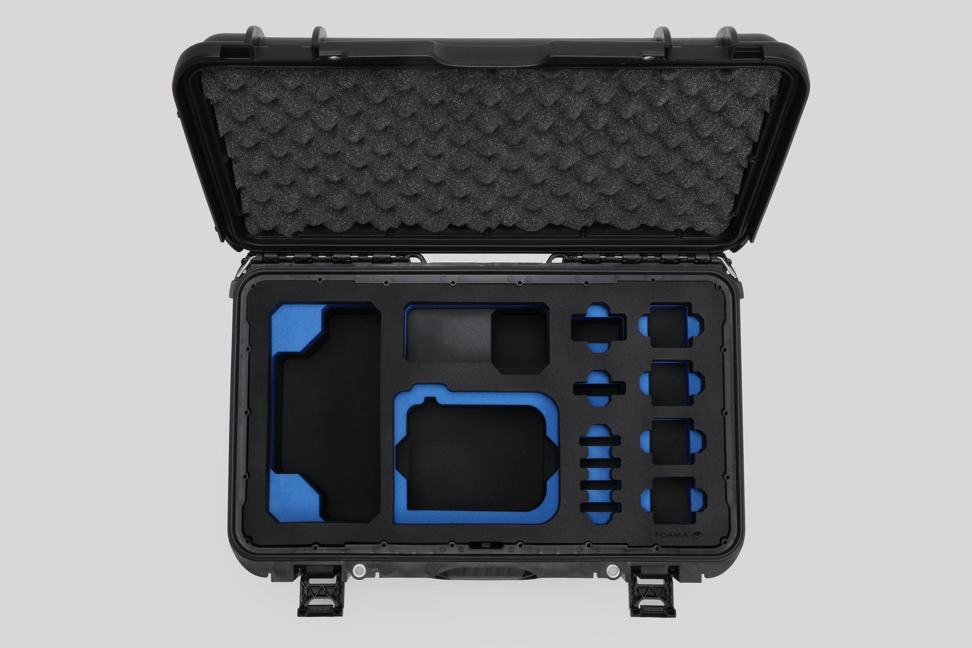 Top view of Foama Black Color Carry-on case and Custom Foam Insert with Blue Layer for Sony FX-6