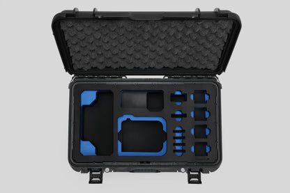 Top view of Foama Black Color Carry-on case and Custom Foam Insert with Blue Layer for Sony FX-6