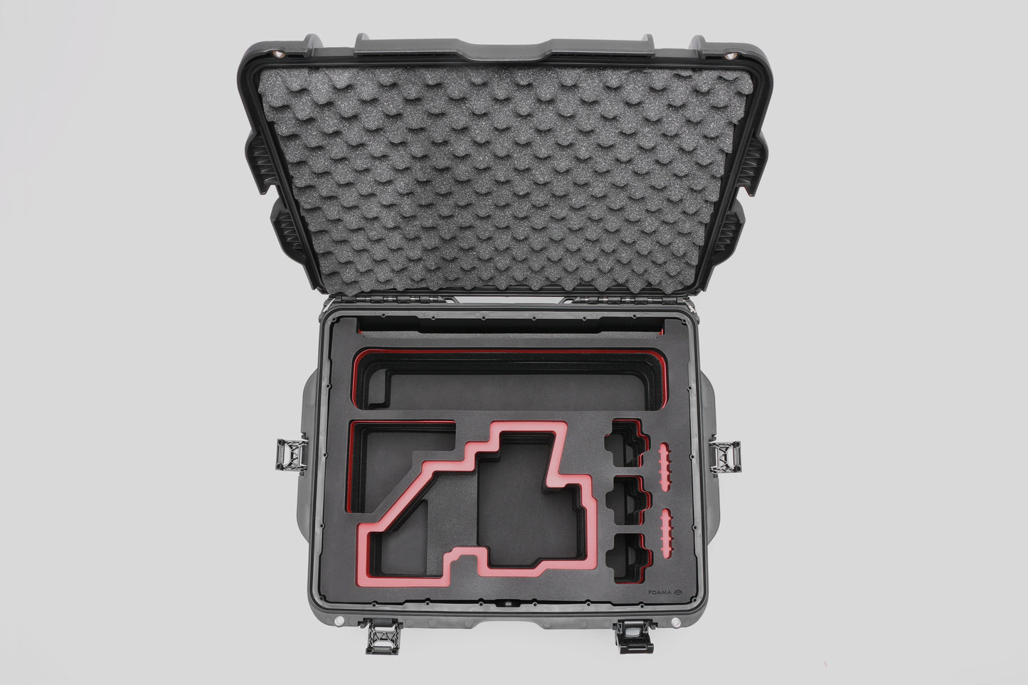 Top view of Sony FX6 Black Color Studio Case and Custom Foam Insert with a Red Layer