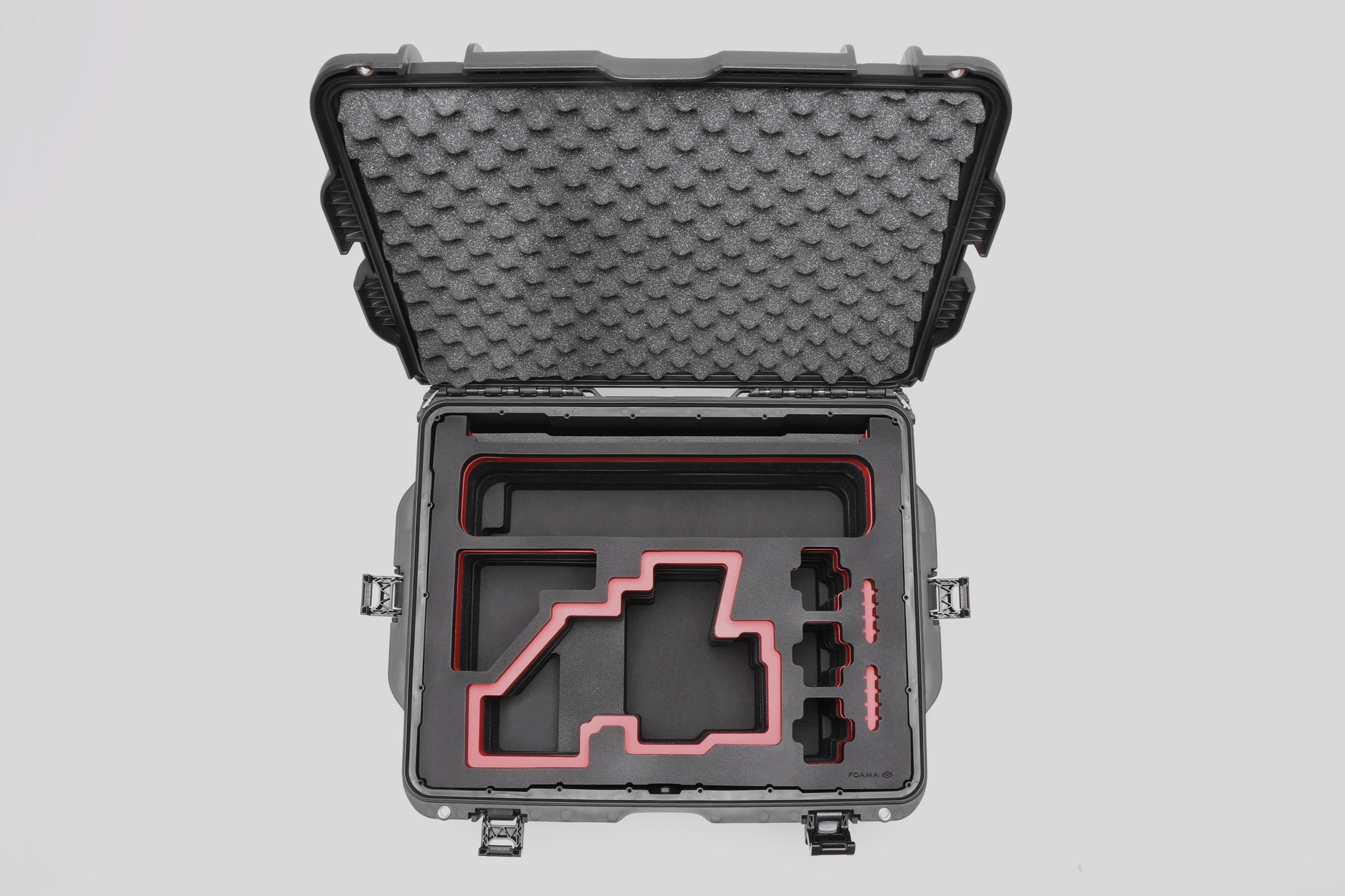 Top view of Sony FX6 Black Color Studio Case and Custom Foam Insert with a Red Layer
