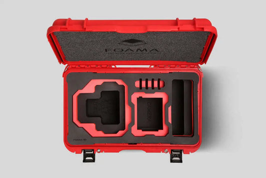Top view of Foama Red Color Carry-on case and Custom Foam Insert with Red Layer for RED Komodo-X