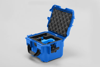 Angled view of DJI Neo Blue Color Adventure Ready Compact Waterproof Carry-on Case and Custom Foam Insert with a Blue Layer for DJI Neo Combo