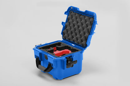 Angled view of DJI Neo Blue Color Adventure Ready Compact Waterproof Carry-on Case and Custom Foam Insert with a Red Layer for DJI Neo