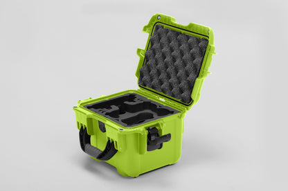 Angled view of DJI Neo Lime Color Adventure Ready Compact Waterproof Carry-on Case and Black Custom Foam Insert