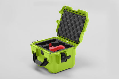 Angled view of DJI Neo Lime Color Adventure Ready Compact Waterproof Carry-on Case and Custom Foam Insert with a Red Layer for DJI Neo