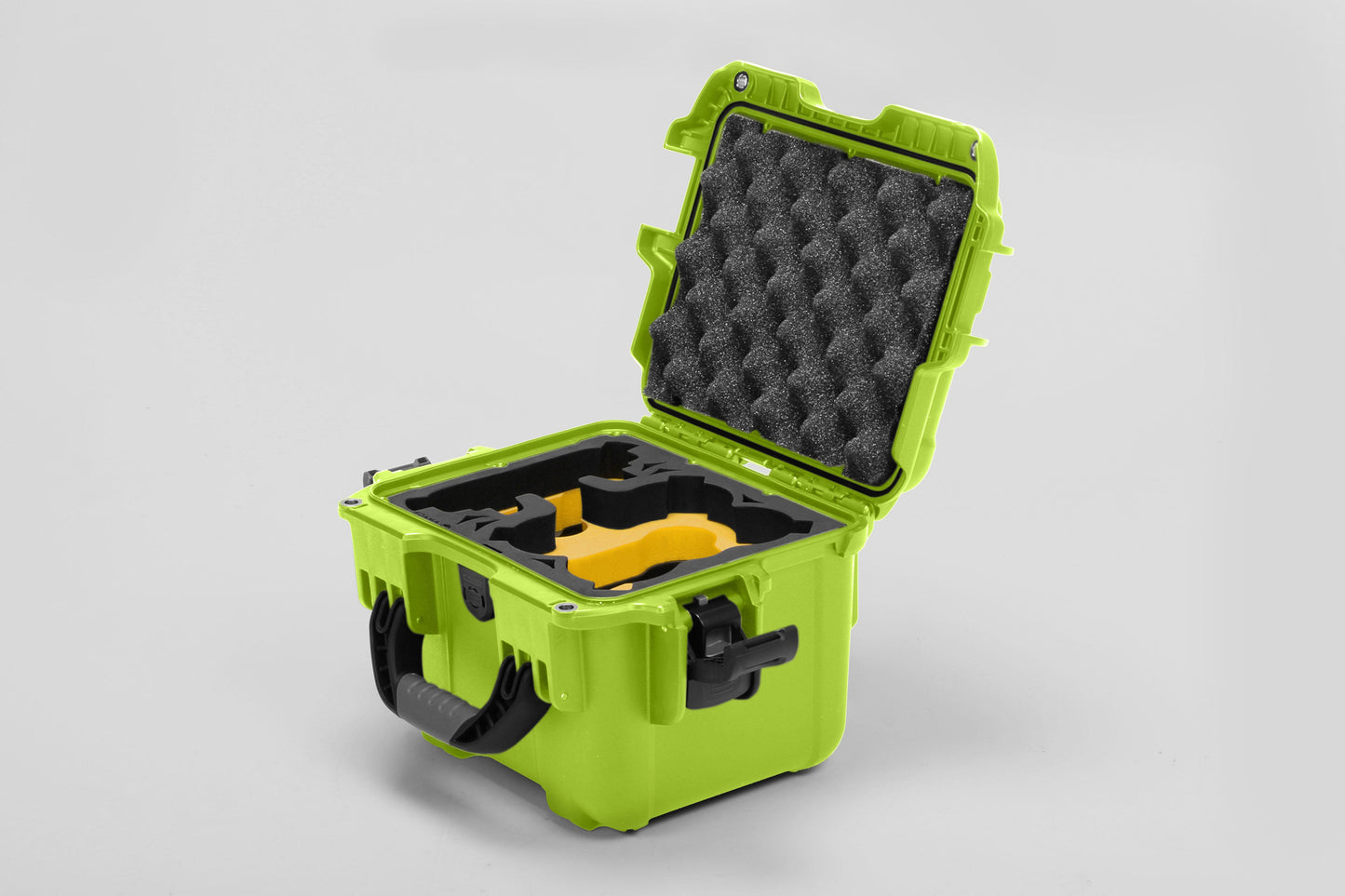 Angled view of DJI Neo Lime Color Adventure Ready Compact Waterproof Carry-on Case and Custom Foam Insert with a Yellow Layer for DJI Neo