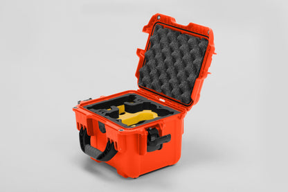 Angled view of DJI Neo Orange Color Adventure Ready Compact Waterproof Carry-on Case and Custom Foam Insert with a Yellow Layer for DJI Neo Combo
