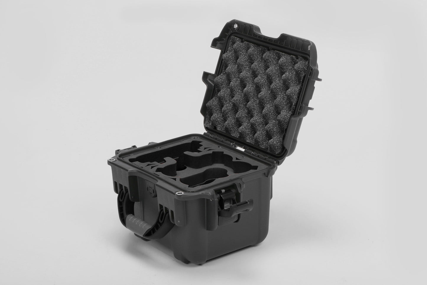 Angled view of DJI Neo Black Color Adventure Ready Compact Waterproof Carry-on Case and Black Custom Foam Insert