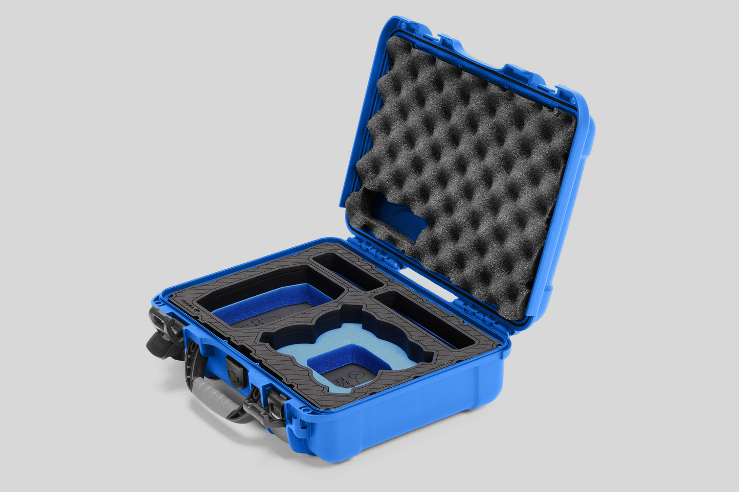 Angled view of Foama Blue Color All-Weather Carry-on Case and Custom Foam Insert with a Blue Layer for DJI Neo
