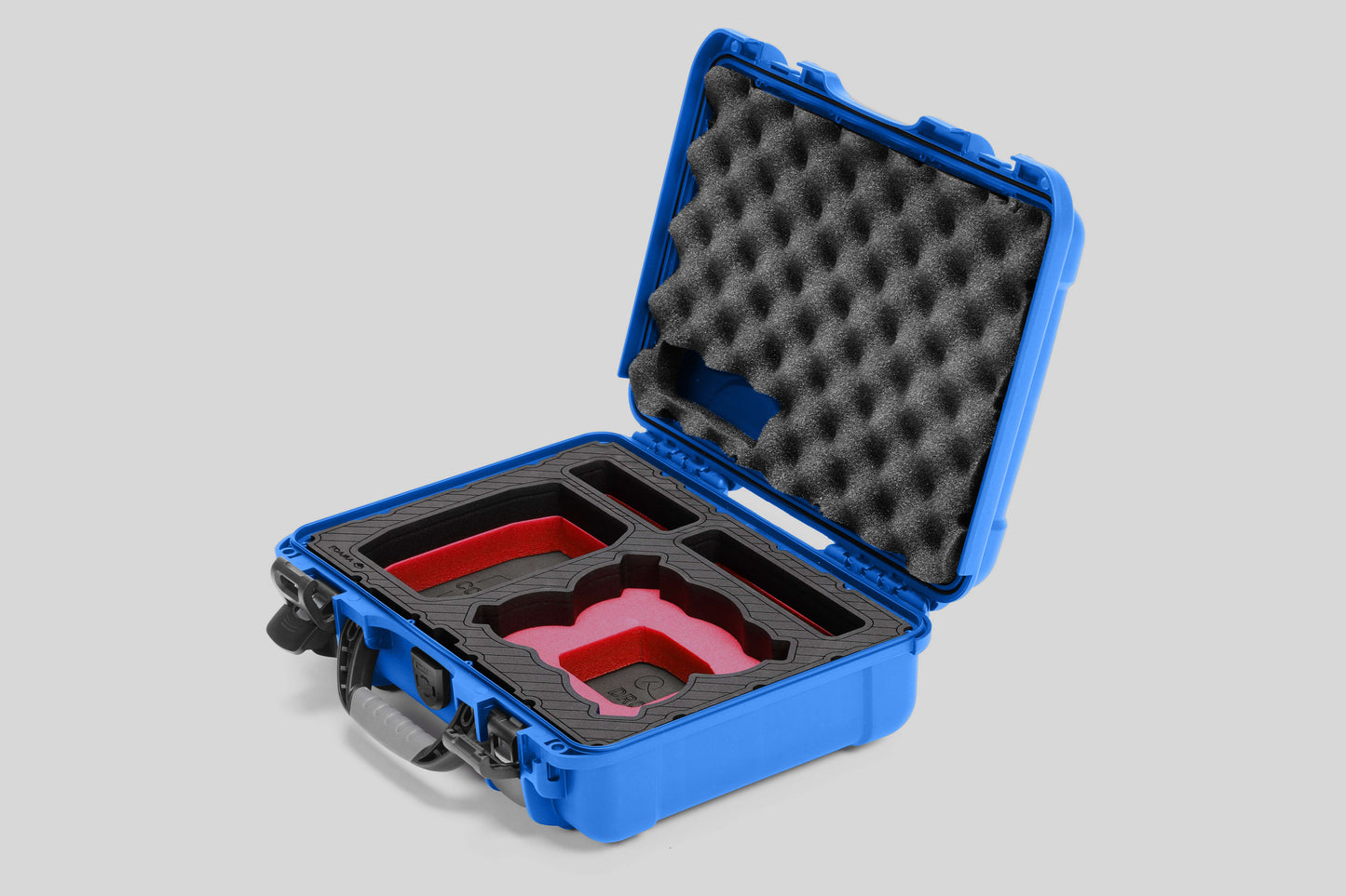Angled view of Foama Blue Color All-Weather Carry-on Case and Custom Foam Insert with a Red Layer for DJI Neo