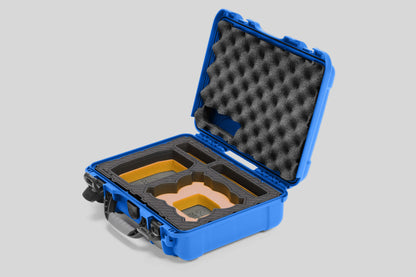 Angled view of Foama Blue Color All-Weather Carry-on Case and Custom Foam Insert with a Yellow Layer for DJI Neo