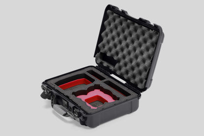 Angled view of Foama Graphite Color All-Weather Carry-on Case and Custom Foam Insert with a Red Layer for DJI Neo