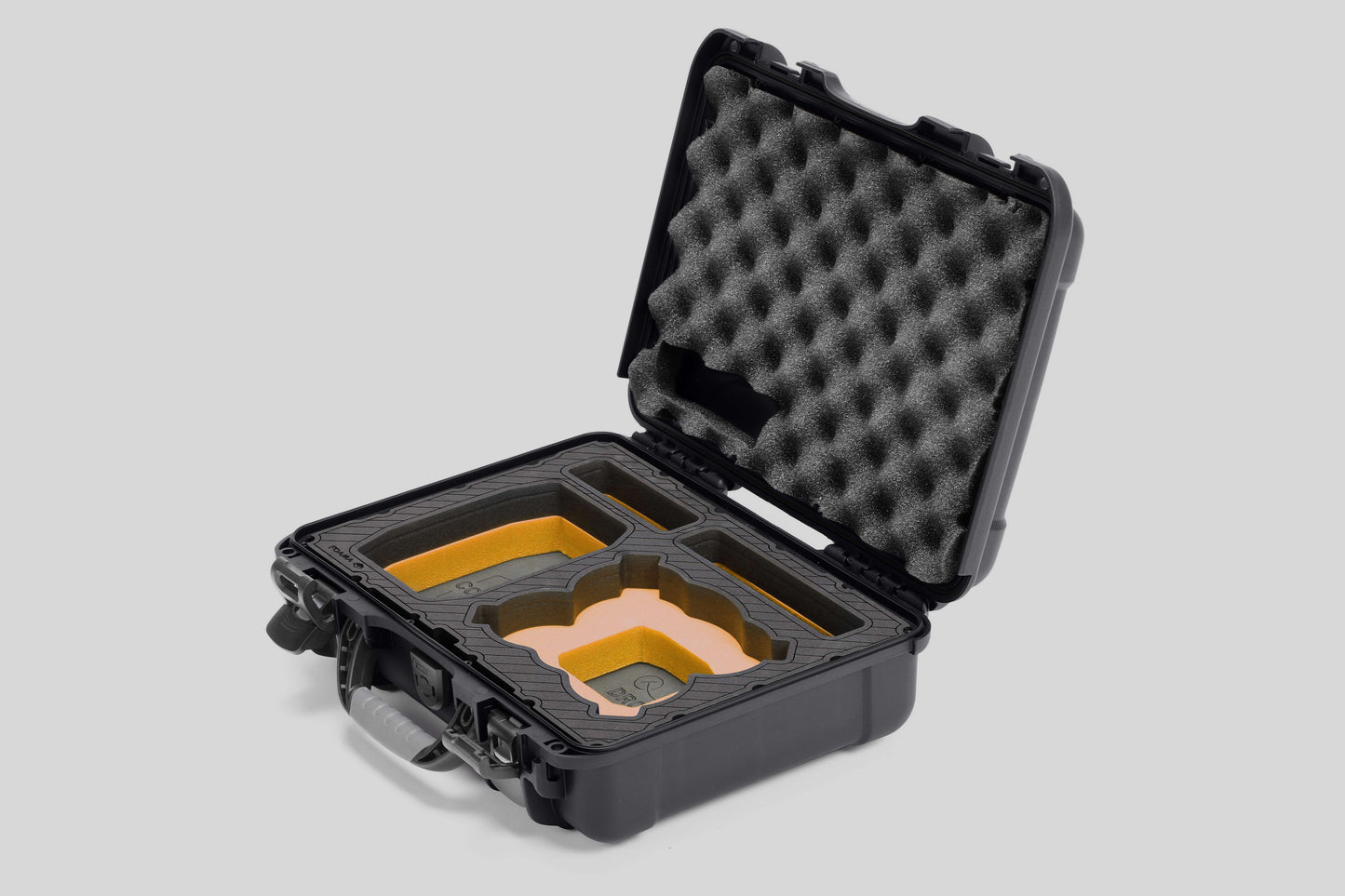 Angled view of Foama Graphite Color All-Weather Carry-on Case and Custom Foam Insert with a Yellow Layer for DJI Neo