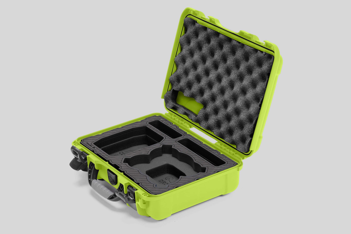 Angled view of Foama Lime Color All-Weather Carry-on Case and Black Custom Foam Insert for DJI Neo