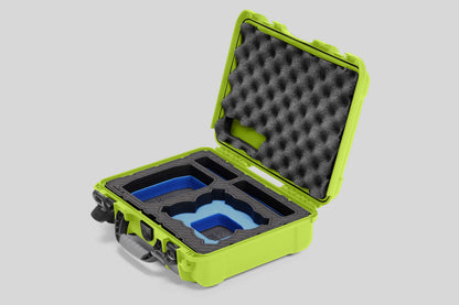 Angled view of Foama Lime Color All-Weather Carry-on Case and Custom Foam Insert with a Blue Layer for DJI Neo
