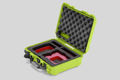 Angled view of Foama Lime Color All-Weather Carry-on Case and Custom Foam Insert with a Red Layer for DJI Neo