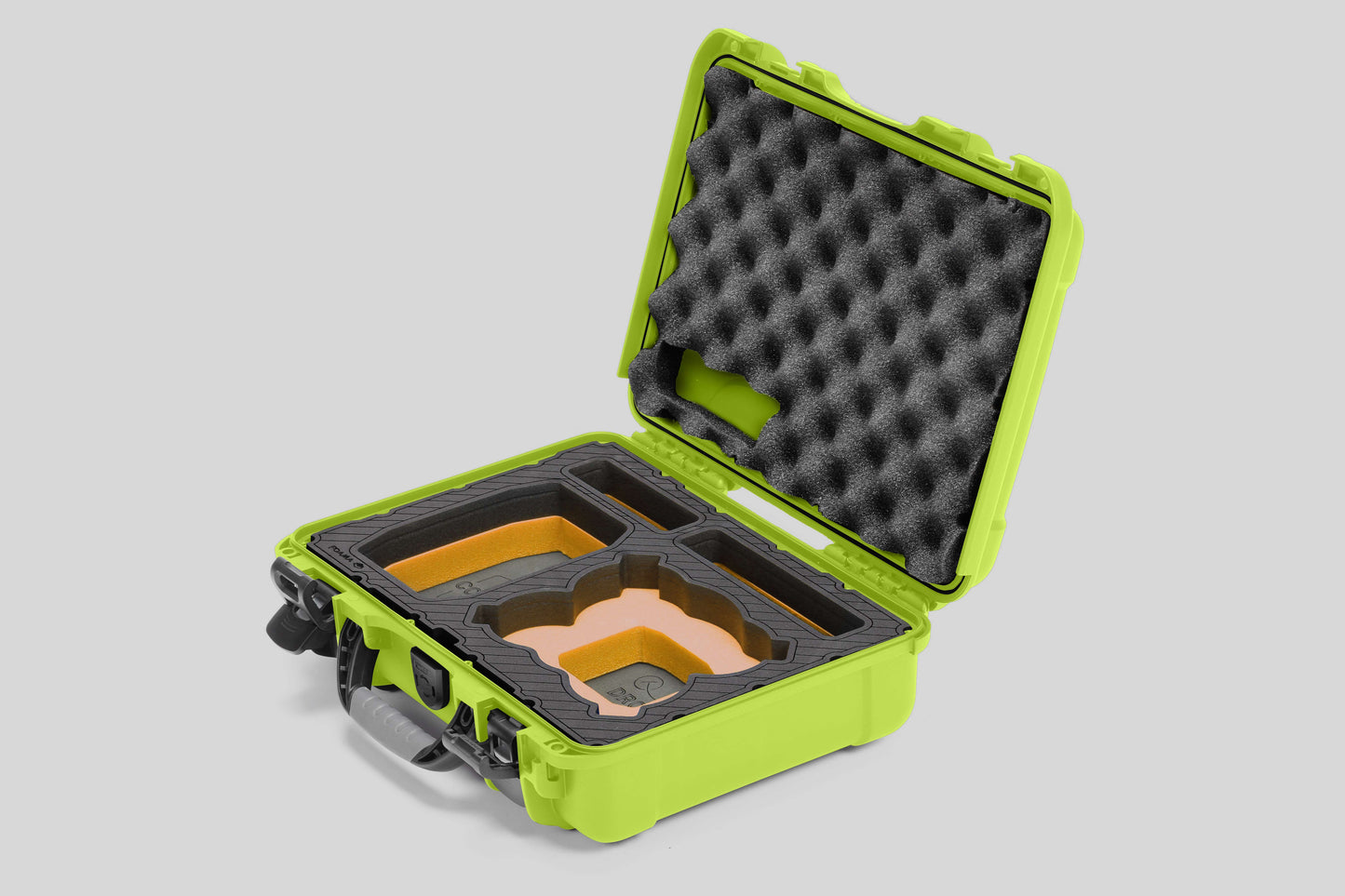 Angled view of Foama Lime Color All-Weather Carry-on Case and Custom Foam Insert with a Yellow Layer for DJI Neo