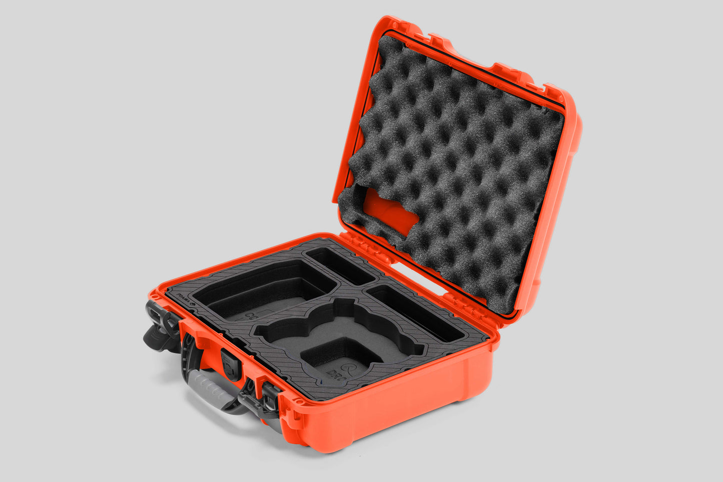 Angled view of Foama Orange Color All-Weather Carry-on Case and Black Custom Foam Insert for DJI Neo