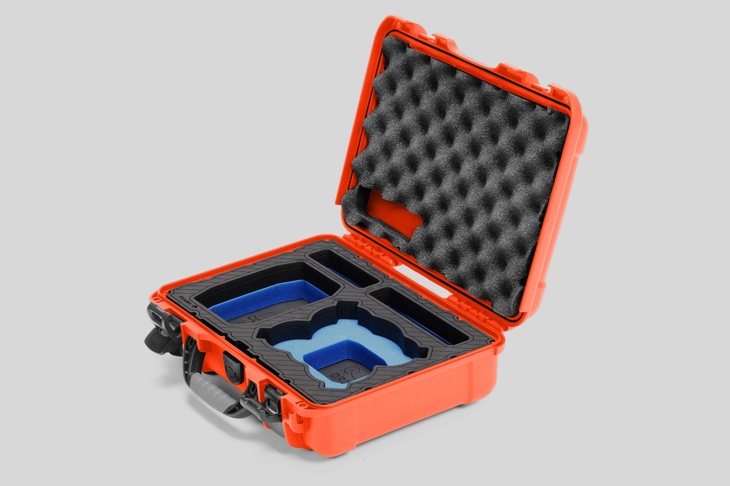 Angled view of Foama Orange Color All-Weather Carry-on Case and Custom Foam Insert with a Blue Layer for DJI Neo