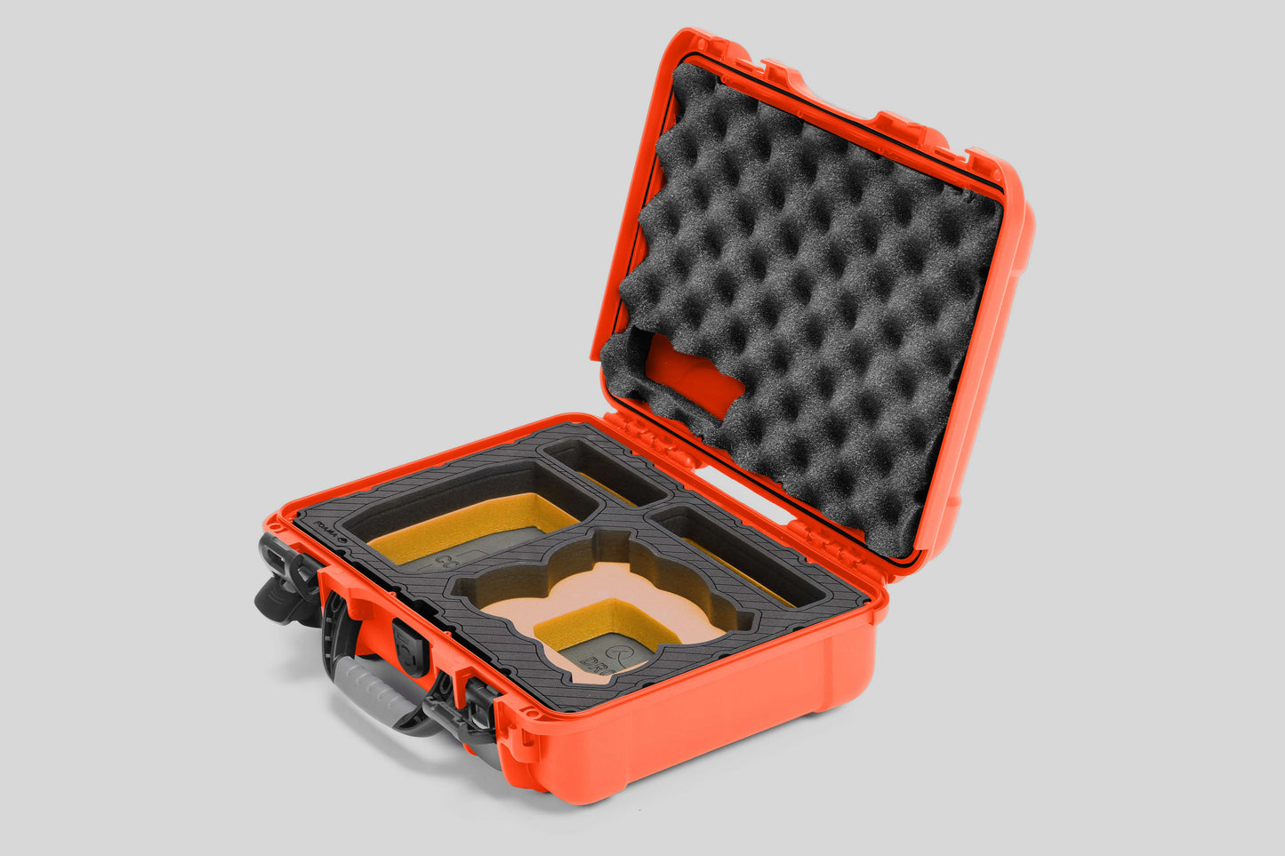 Angled view of Foama Orange Color All-Weather Carry-on Case and Custom Foam Insert with a Yellow Layer for DJI Neo