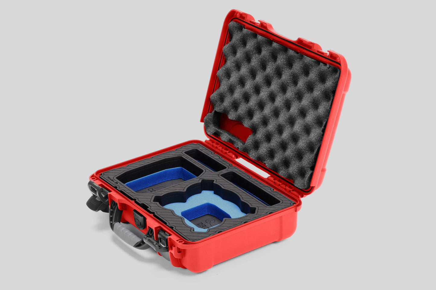 Angled view of Foama Red Color All-Weather Carry-on Case and Custom Foam Insert with a Blue Layer for DJI Neo