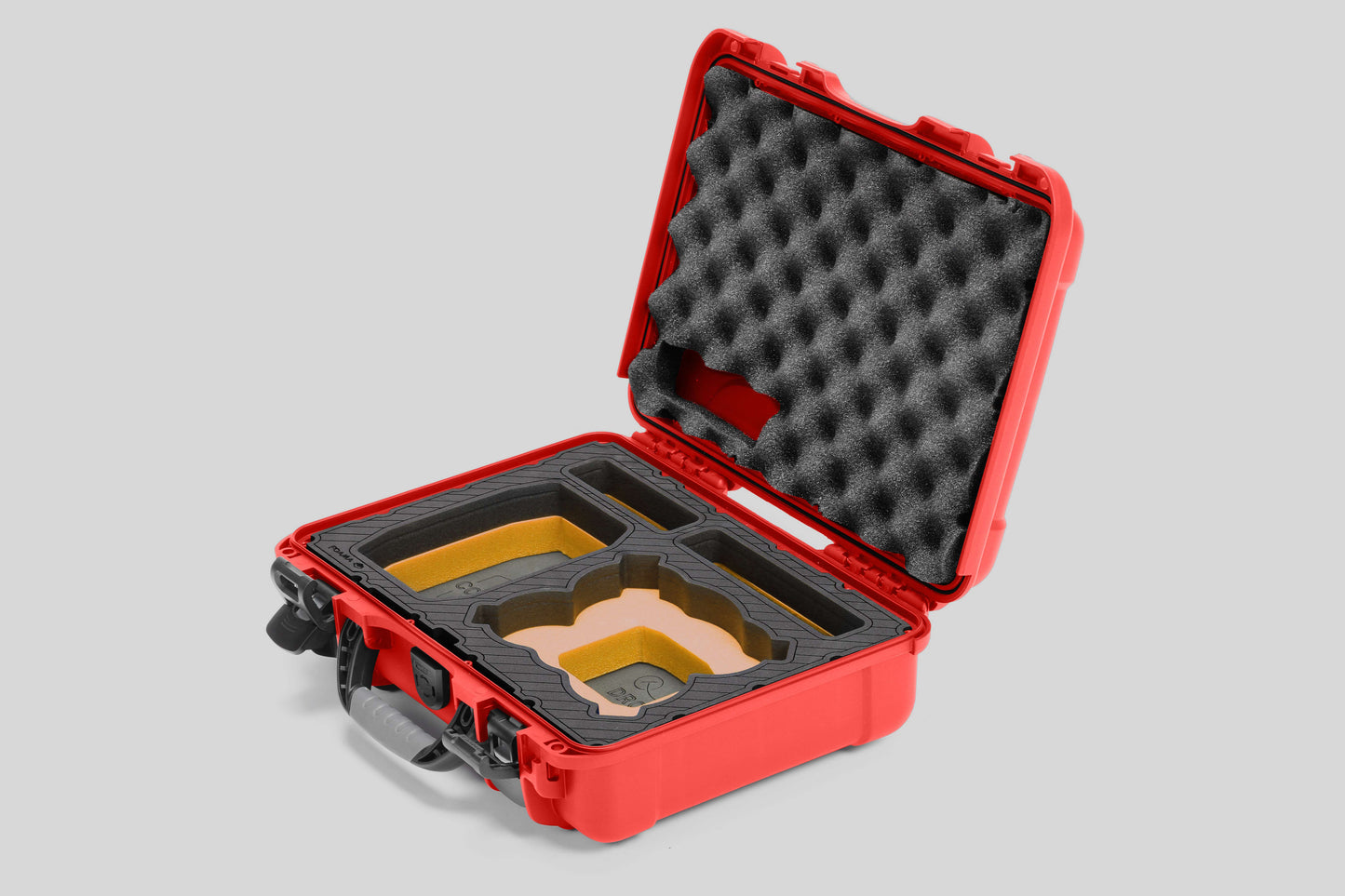 Angled view of Foama Red Color All-Weather Carry-on Case and Custom Foam Insert with a Yellow Layer for DJI Neo