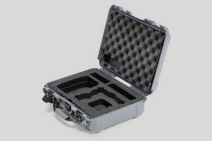 Angled view of Foama Silver Color All-Weather Carry-on Case and Black Custom Foam Insert for DJI Neo