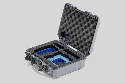 Angled view of Foama Silver Color All-Weather Carry-on Case and Custom Foam Insert with a Blue Layer for DJI Neo