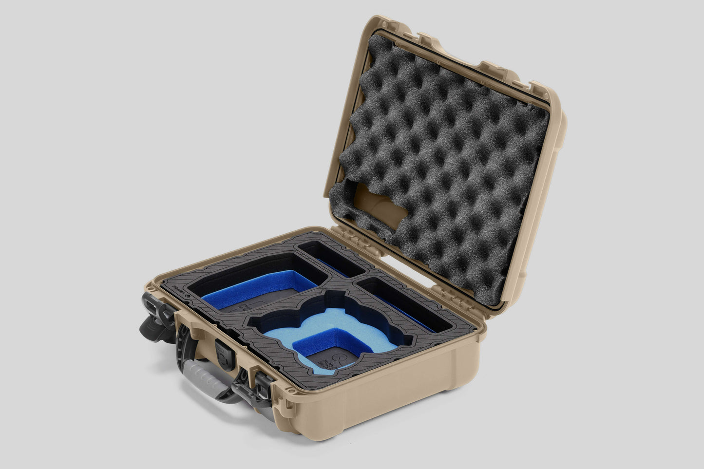 Angled view of Foama Tan Color All-Weather Carry-on Case and Custom Foam Insert with a Blue Layer for DJI Neo