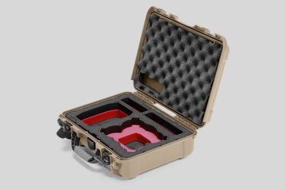 Angled view of Foama Tan Color All-Weather Carry-on Case and Custom Foam Insert with a Red Layer for DJI Neo