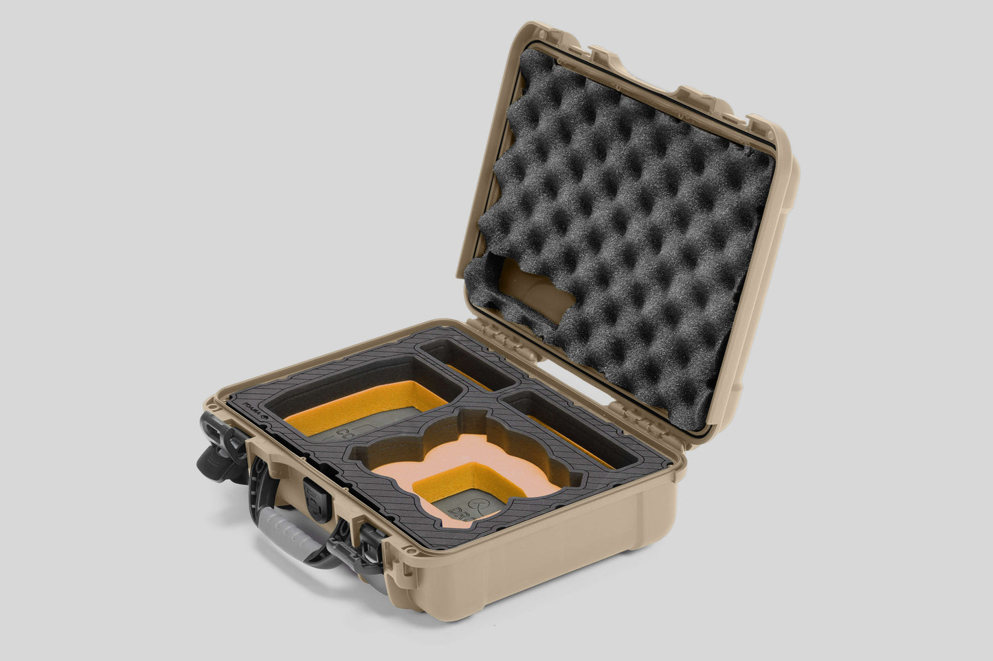 Angled view of Foama Tan Color All-Weather Carry-on Case and Custom Foam Insert with a Yellow Layer for DJI Neo