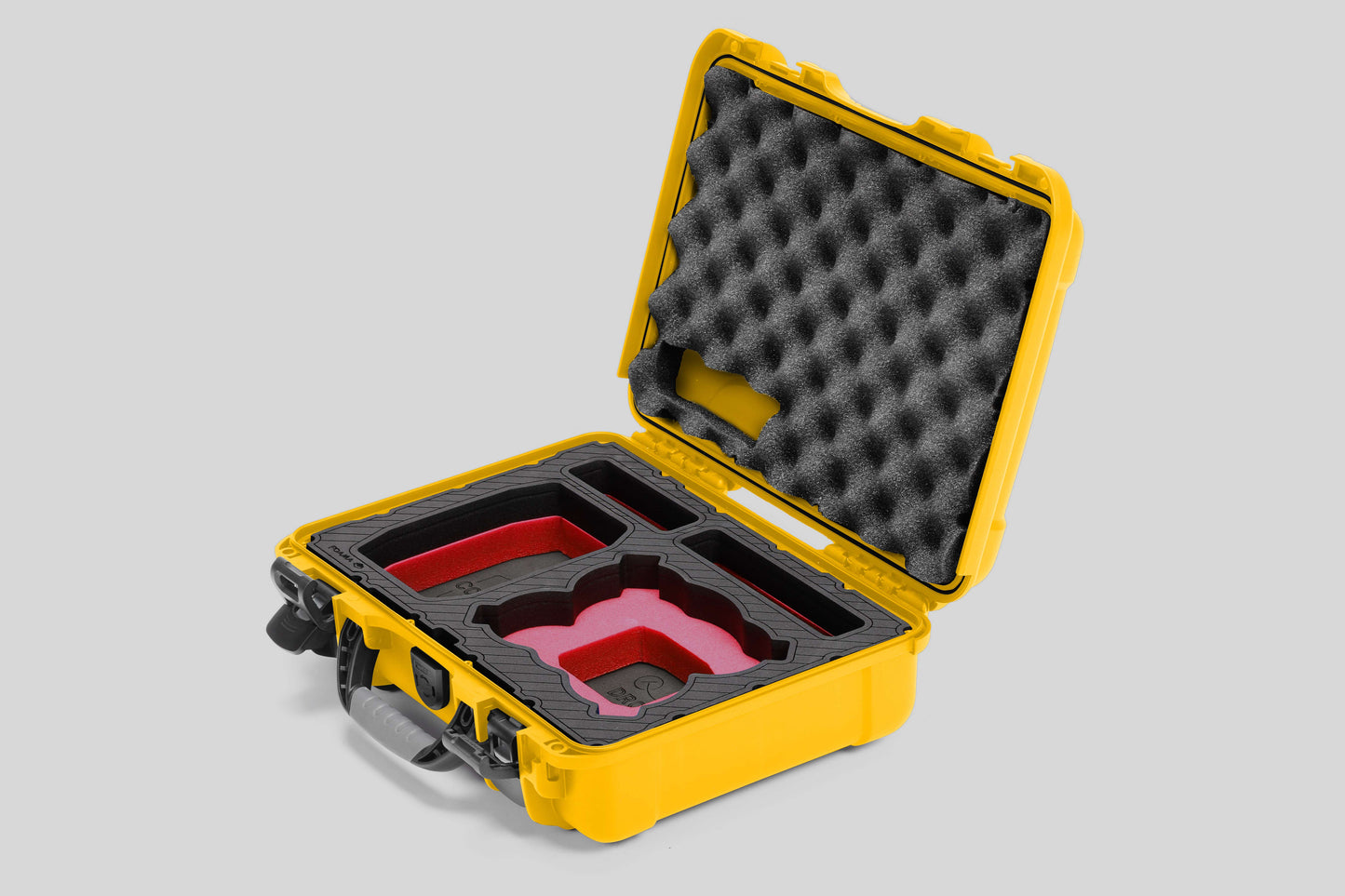 Angled view of Foama Yellow Color All-Weather Carry-on Case and Custom Foam Insert with a Red Layer for DJI Neo