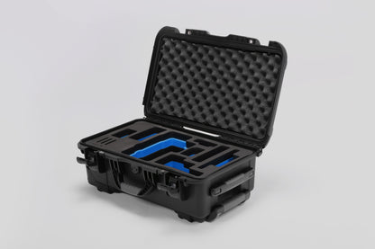 Angled view of Foama Black Color Travel Case and Custom Foam Insert with Blue Layer for RED Monstro