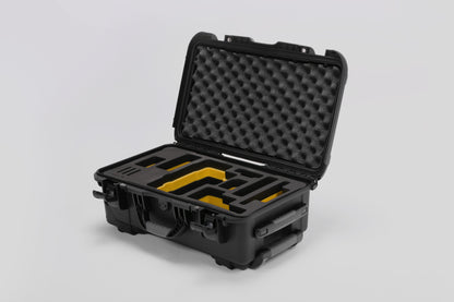 Angled view of Foama Black Color Travel Case and Custom Foam Insert with Yellow Layer for RED Monstro