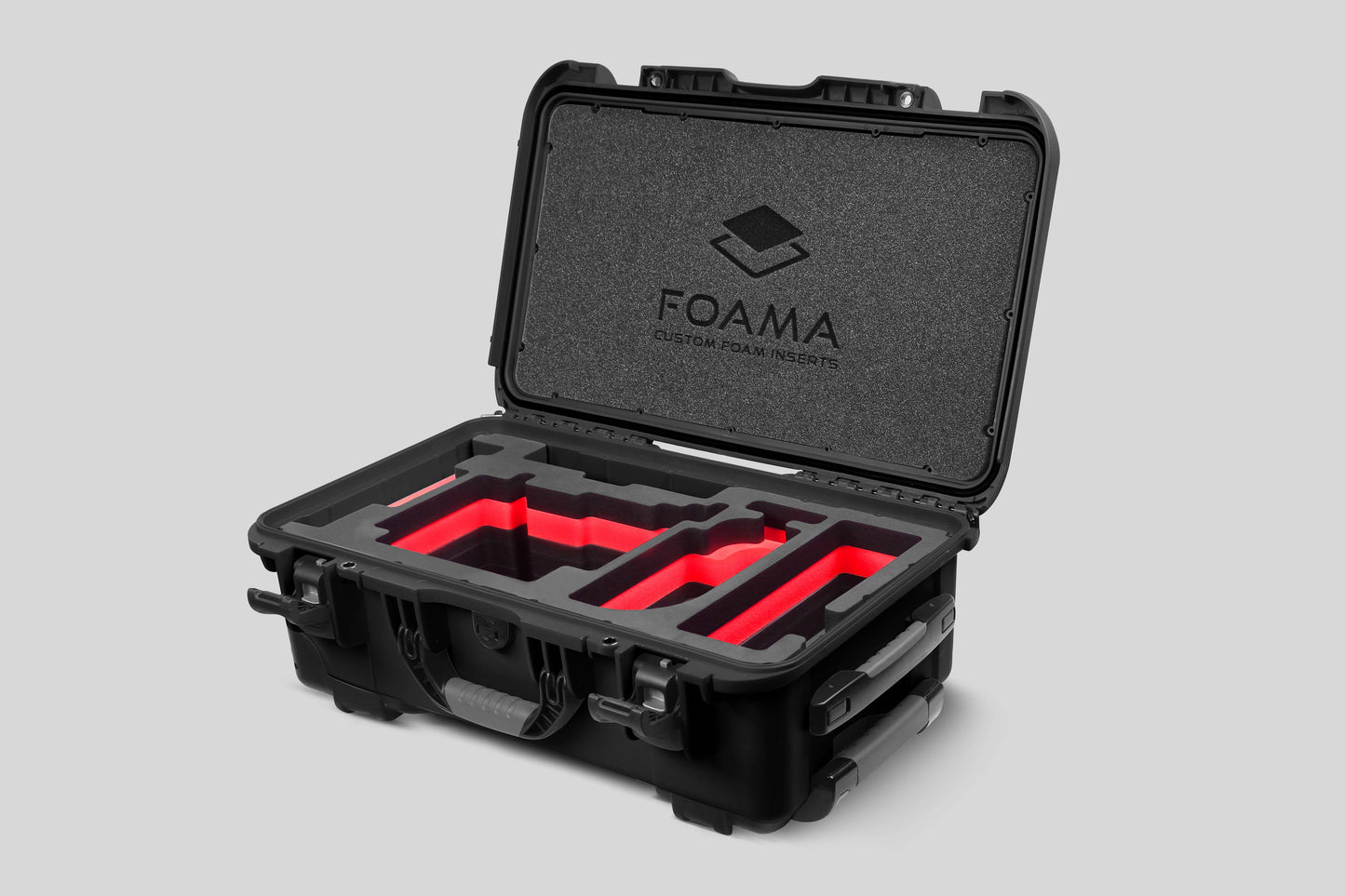 Angled view of Black Color ARRI Alexa 35 Carry-On Case with Red Layer Custom Foam Insert