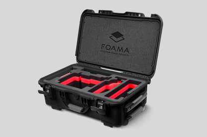 Angled view of Black Color ARRI Alexa 35 Carry-On Case with Red Layer Custom Foam Insert