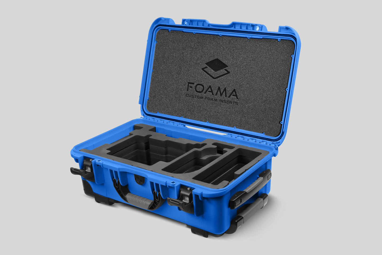 Angled view of Blue Color ARRI Alexa 35 Carry-On Case with Black Layer Custom Foam Insert